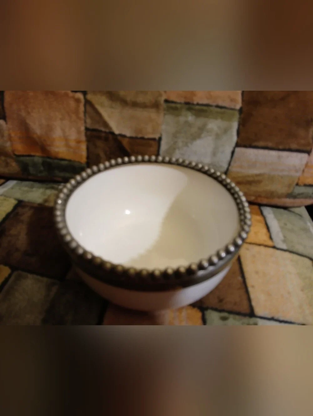 White Ceramic Bowl with Antique Beaded Rim